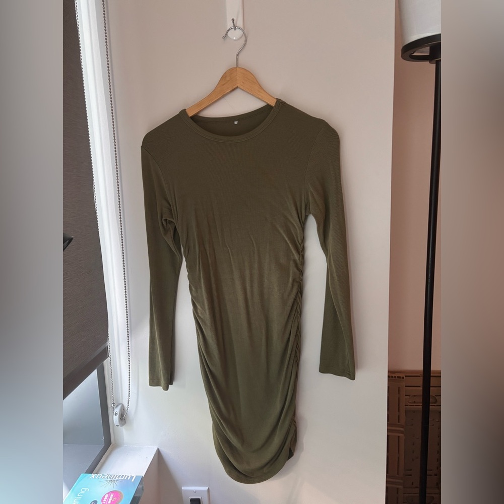 Stretchy Ruched Staple Olive Green Long Sleeve Minidress